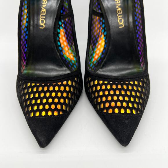 TAMARA MELLON Miami Vice Holographic Suede Pumps Womens 38 Black Pointy Toe - Picture 3 of 11
